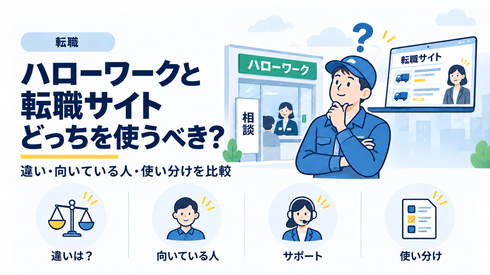 相談窓口と転職サイトを見比べるドライバーを描き、違い・向いている人・サポート・使い分けを示した画像。