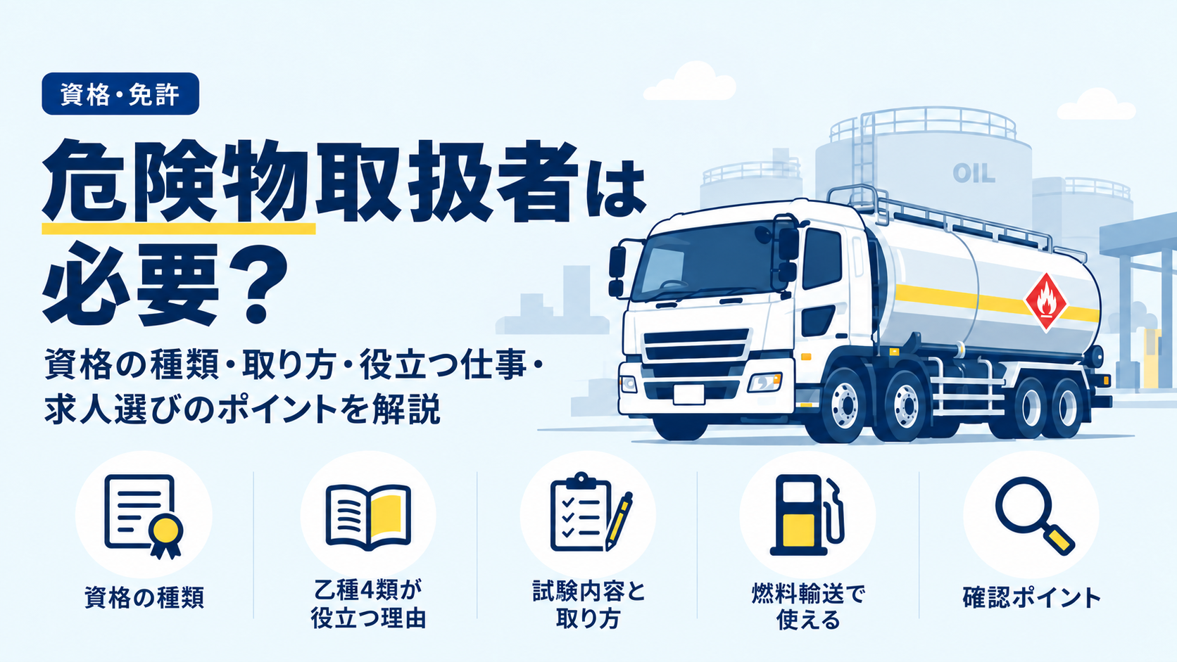 タンクローリーと資格証や燃料のアイコンを添え、危険物取扱者の種類・取り方・仕事での活用を示した画像。