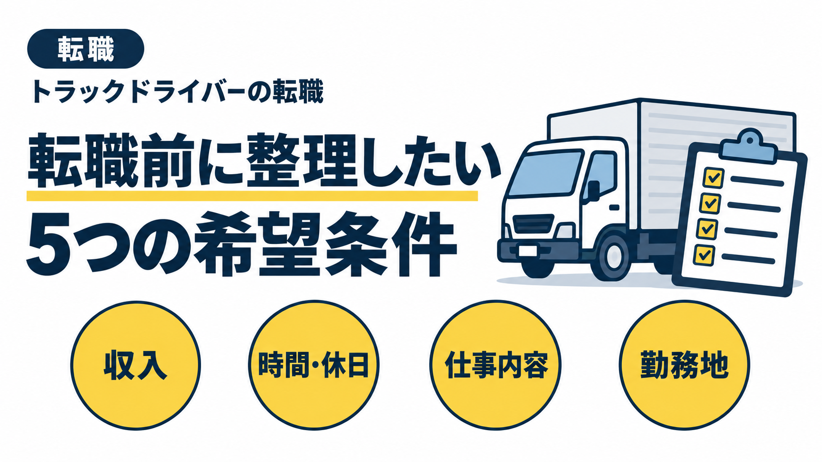 トラックとチェックリストを添え、転職前に整理したい収入・時間と休日・仕事内容・勤務地の希望を示した画像。